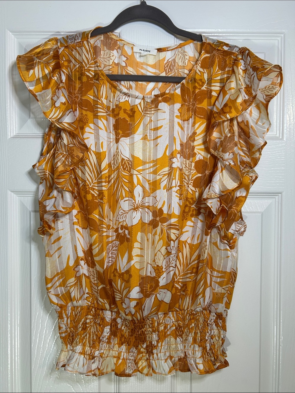 Pleione Women’s Medium Mustard Floral Ruffle Sleeve Smocked Waist Blouse - Picture 2 of 10